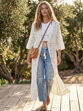 AZ Boho Crochet Lace Maxi Duster Cardigan